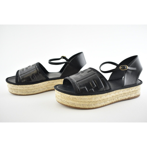 Fendi Black Leather Logo Slide Flat Ankle Strap Platform Espadrille Sandal 36.5 - Picture 9 of 11